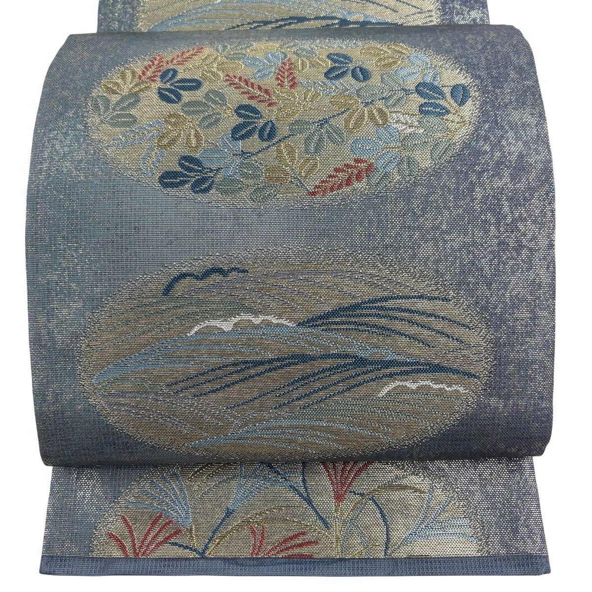 【美品】 袋帯 秀品 夏帯 波 萩 金銀糸 箔 青灰色 六通 正絹 【中古】