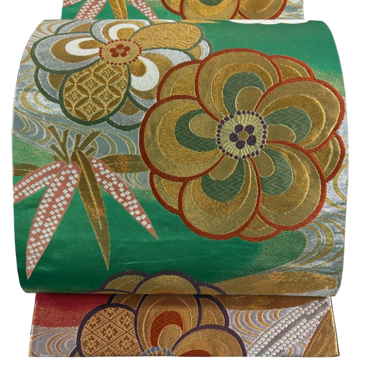 【美品】 袋帯 秀品 梅 笹 金糸 箔 緑 六通 正絹 【中古】
