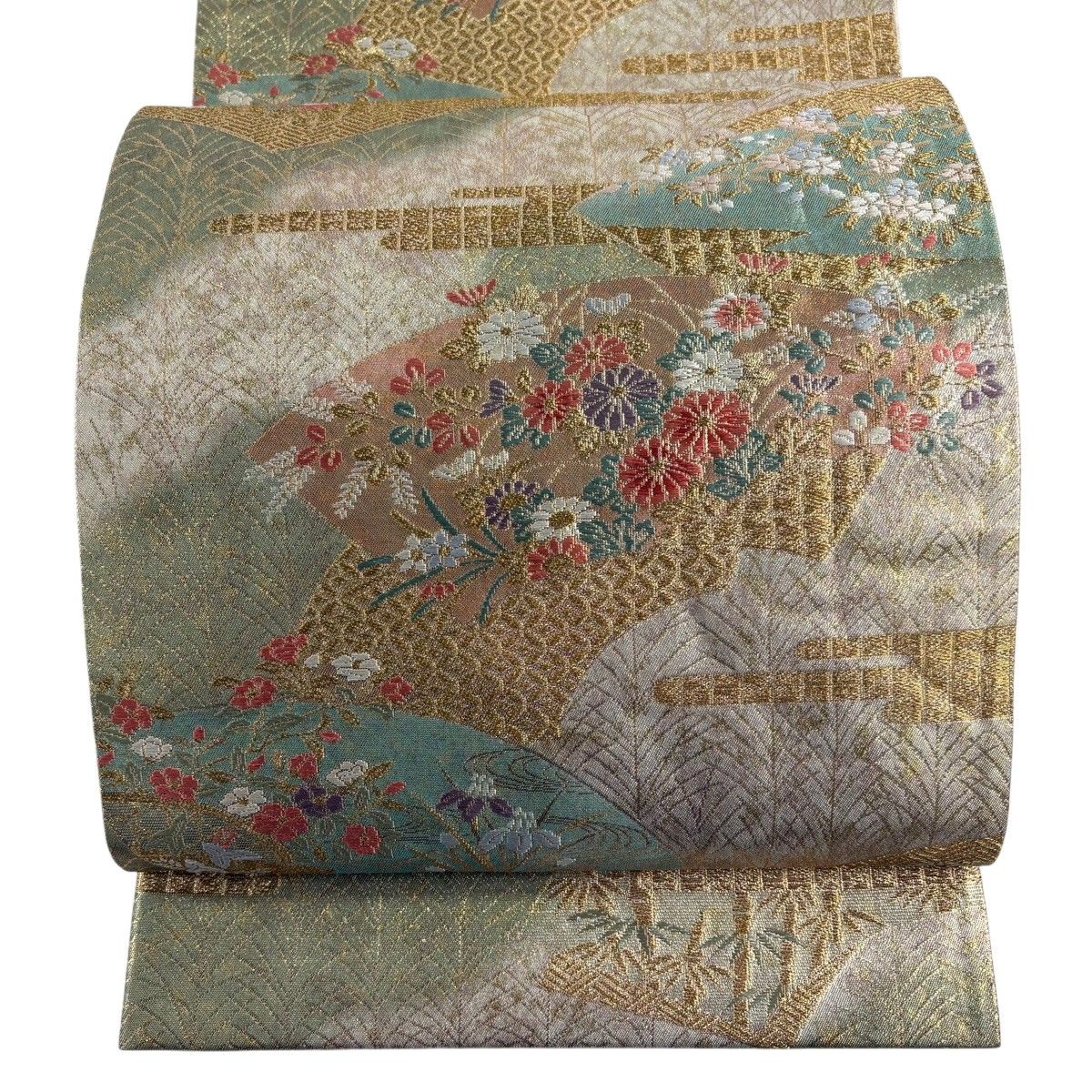 【美品】 袋帯 秀品 扇面 草花 金糸 箔 よもぎ色 六通 正絹 【中古】