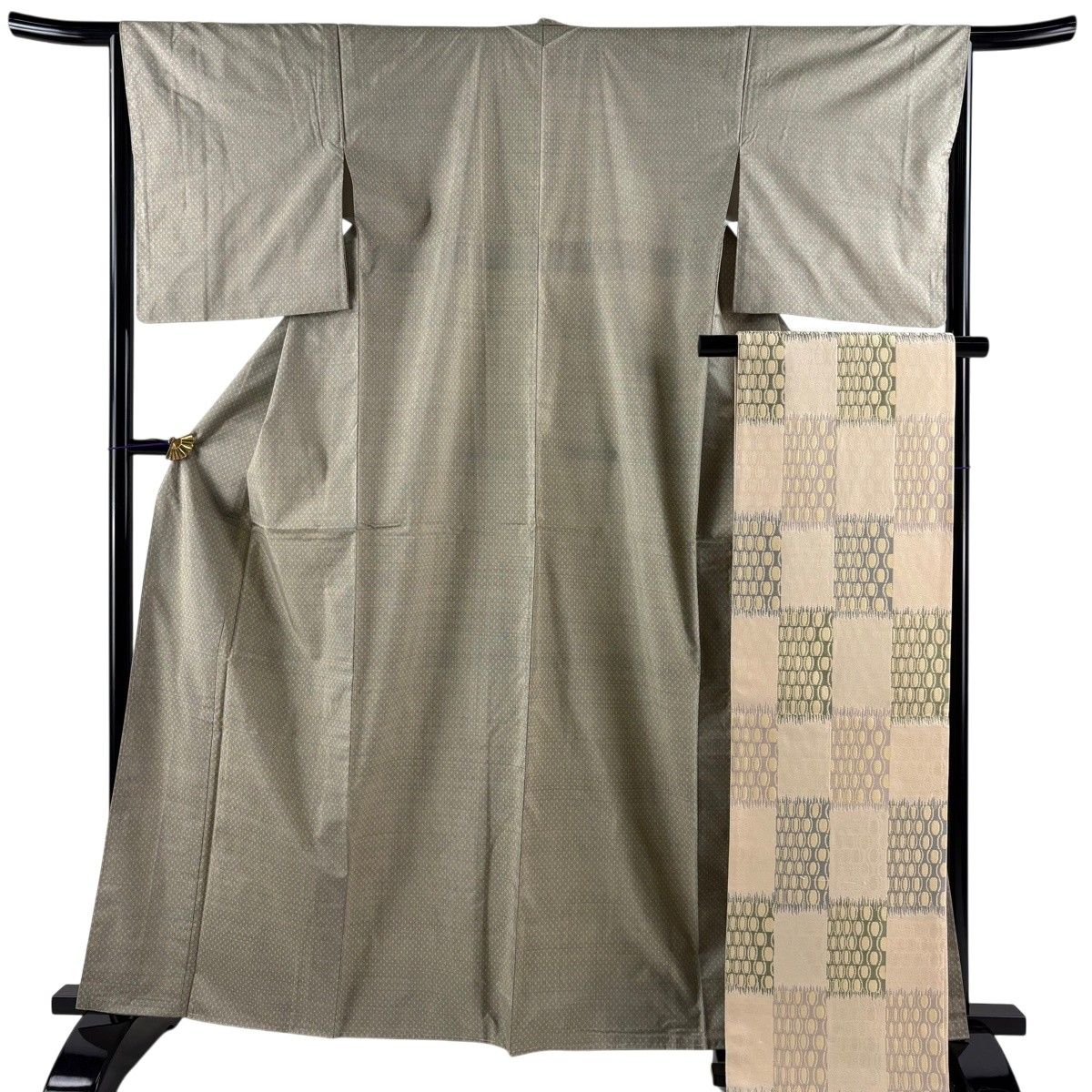 紬 身丈162.5cm 裄丈66cm M 袷 袋帯セット 幾何学模様 灰緑 正絹 秀品 【中古】