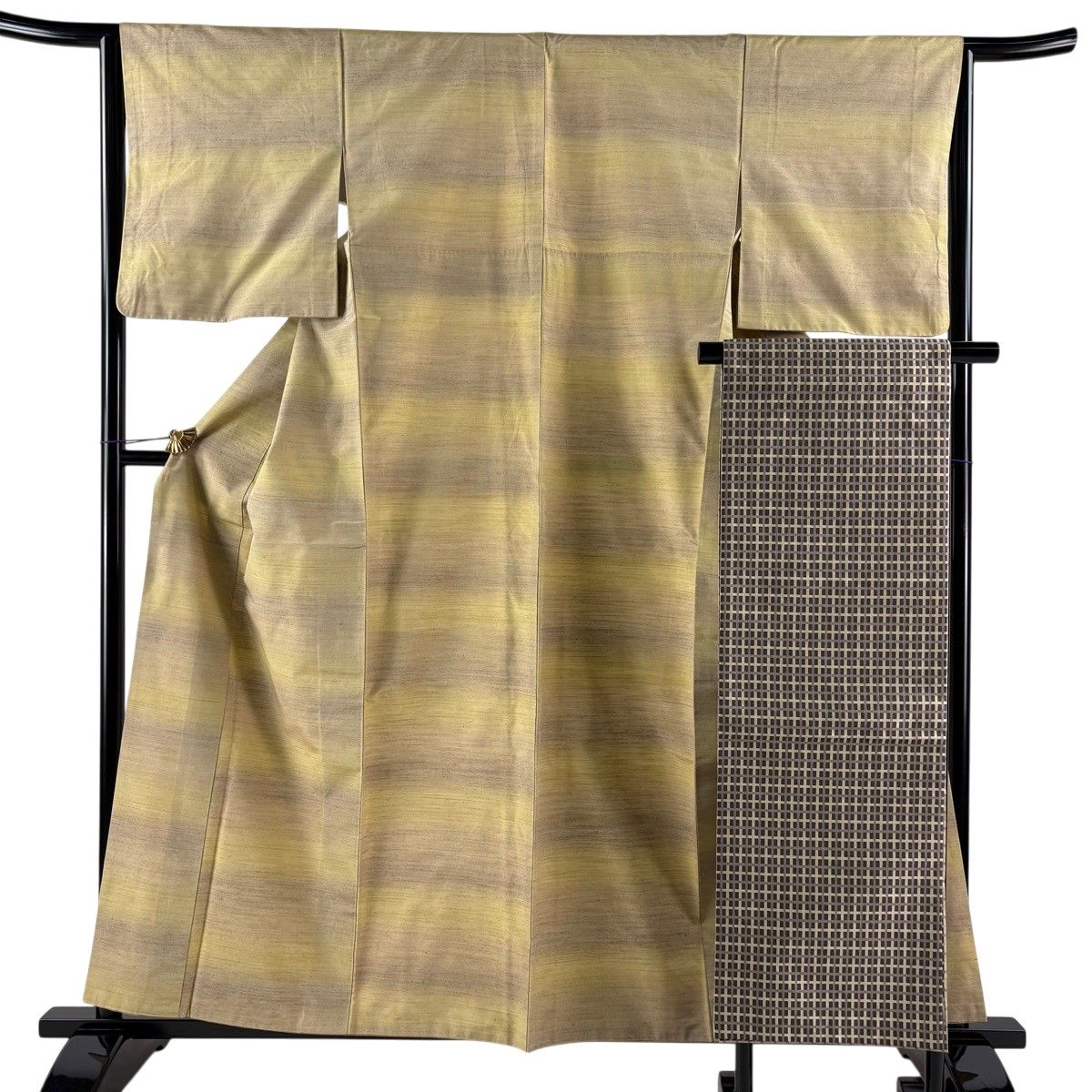 紬 身丈159cm 裄丈64cm M 袷 開き名古屋帯セット 段縞 抹茶色 正絹 秀品 【中古】