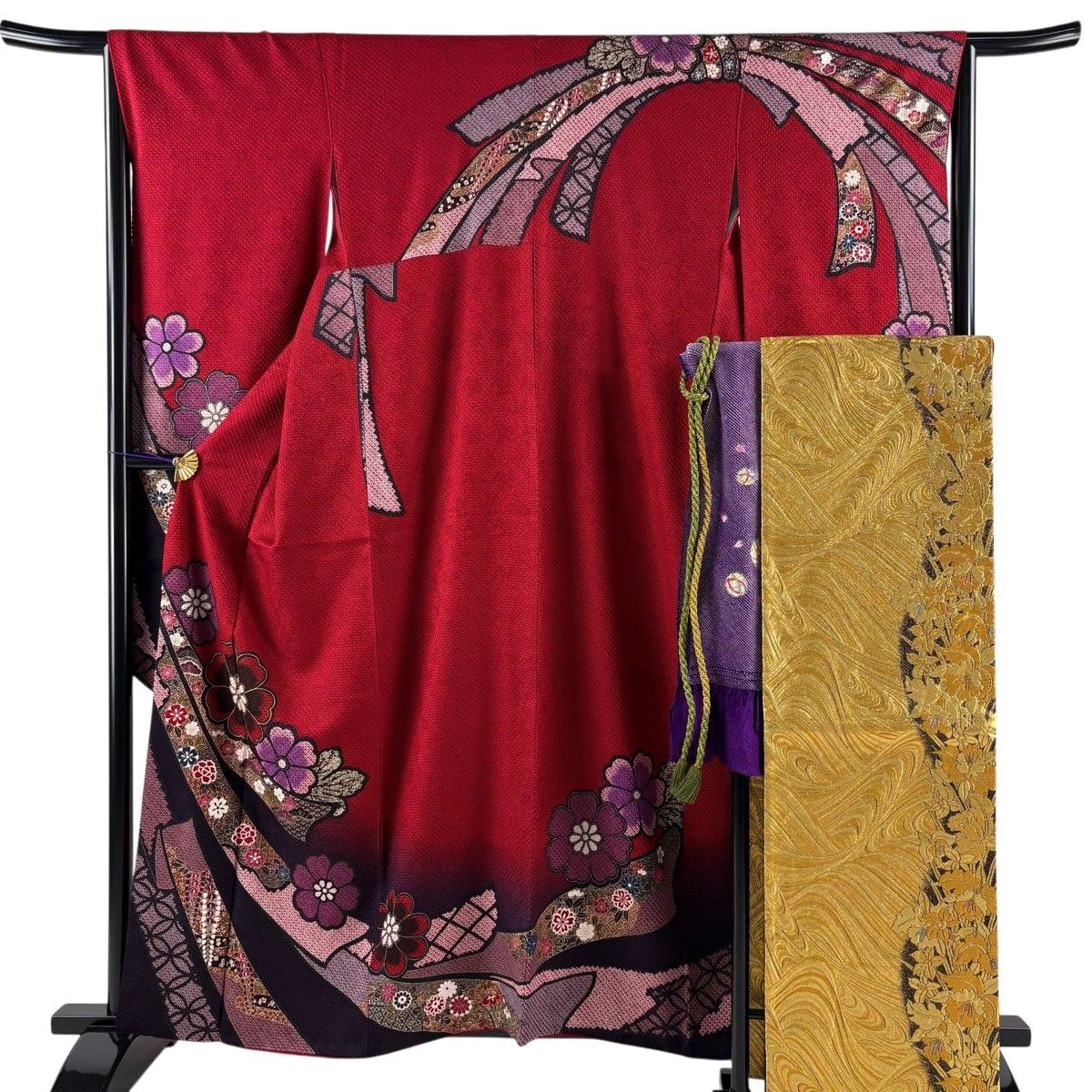 【美品】 振袖 身丈159cm 裄丈65cm M 袷 袋帯フルセット 桜 束ね熨斗 絞り 金彩 赤 正絹 秀品 【中古】