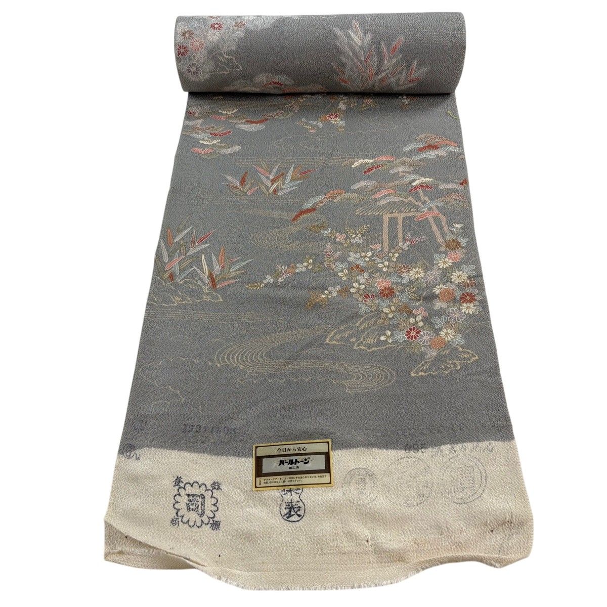反物 秀品 小紋 草花 流水 金彩 縮緬 灰色 正絹 【中古】