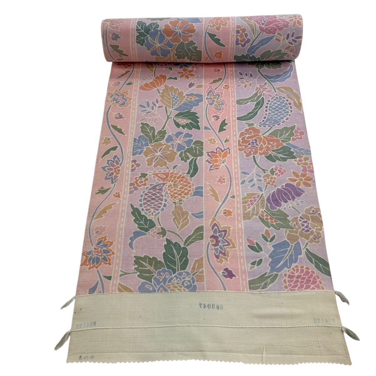 反物 秀品 小紋 紬地 草花 縞 薄ピンク 正絹 【中古】