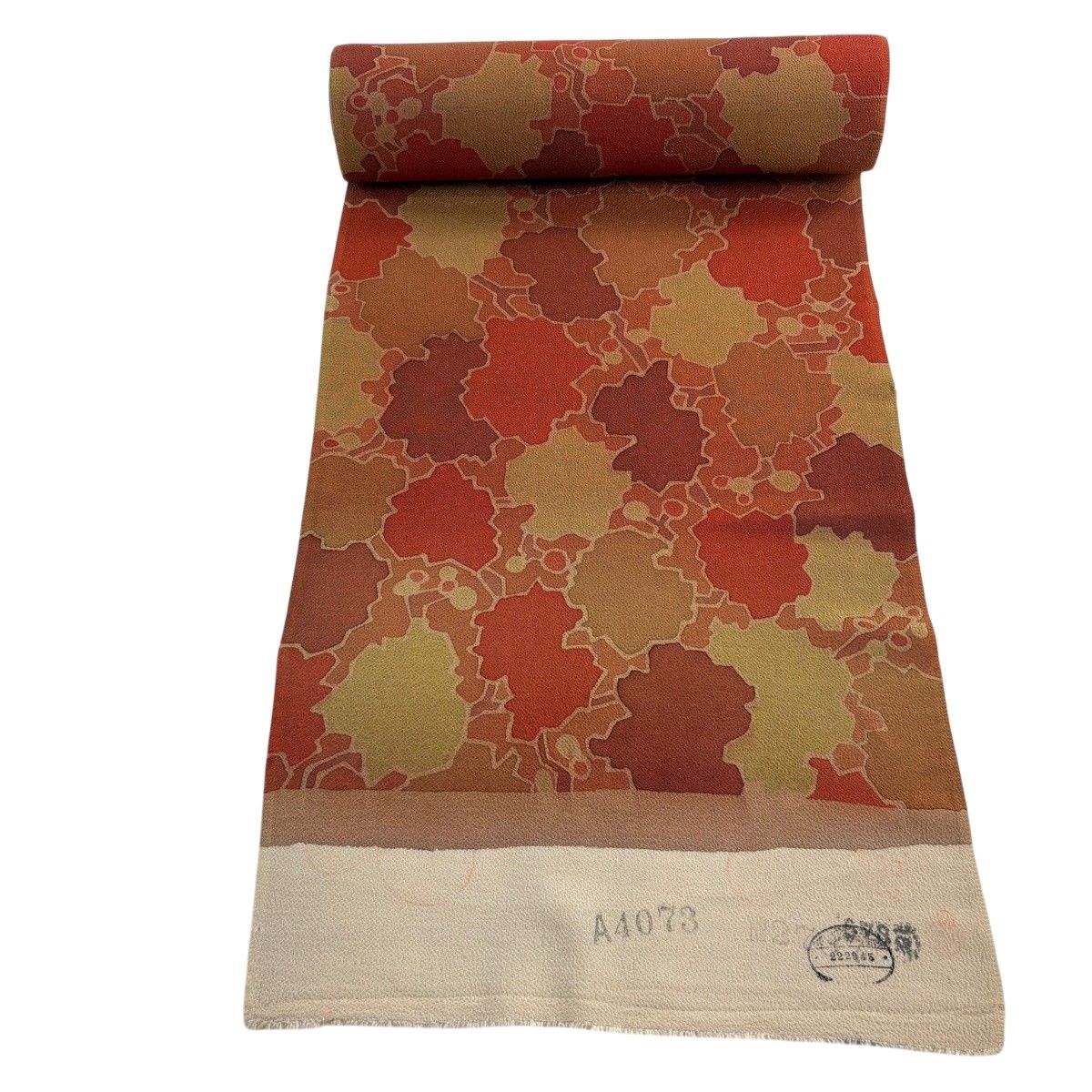 反物 秀品 小紋 葉と実 赤茶 正絹 【中古】