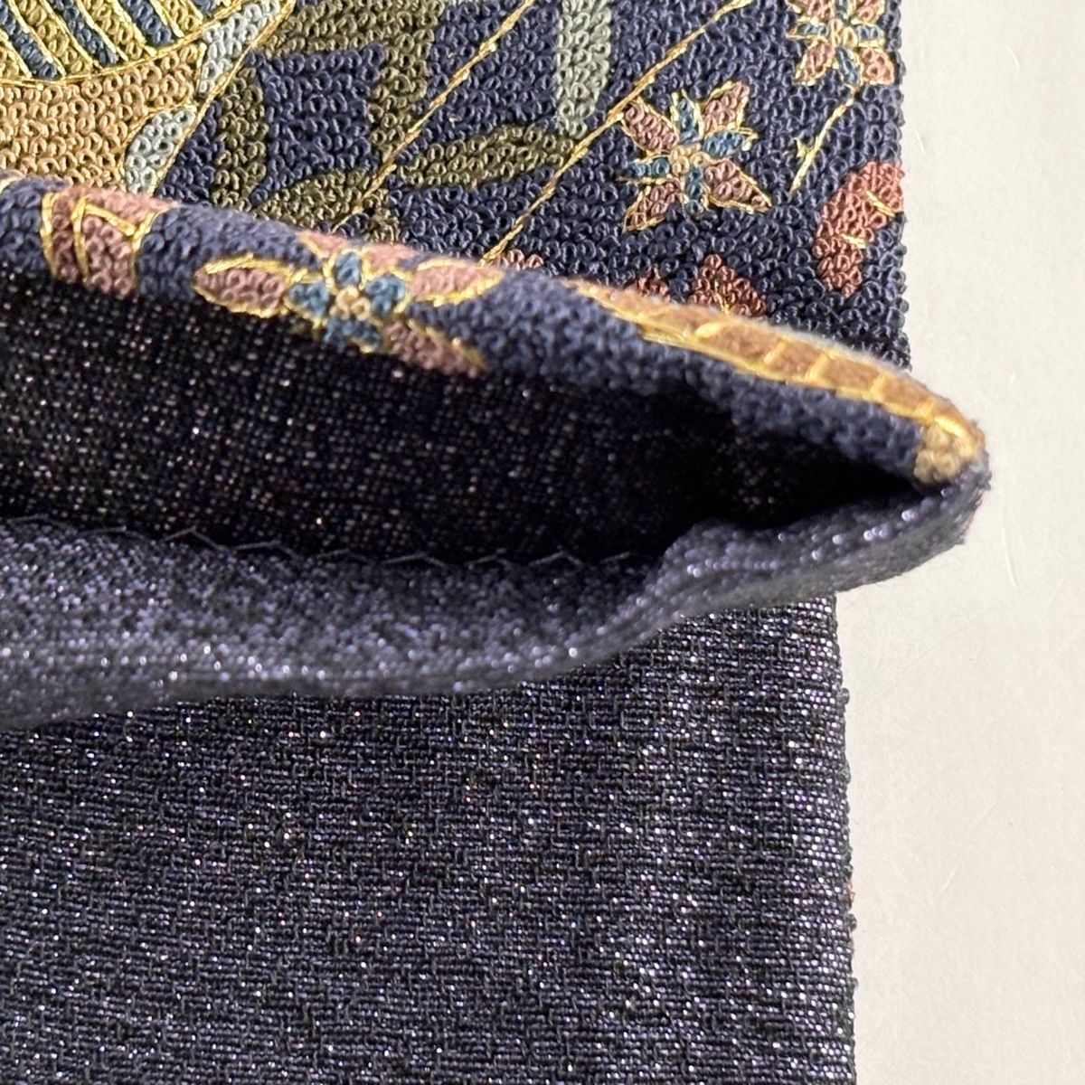 美品】 袋帯 逸品 船 魚 相良刺繍 金糸 濃紺 六通 正絹 【中古