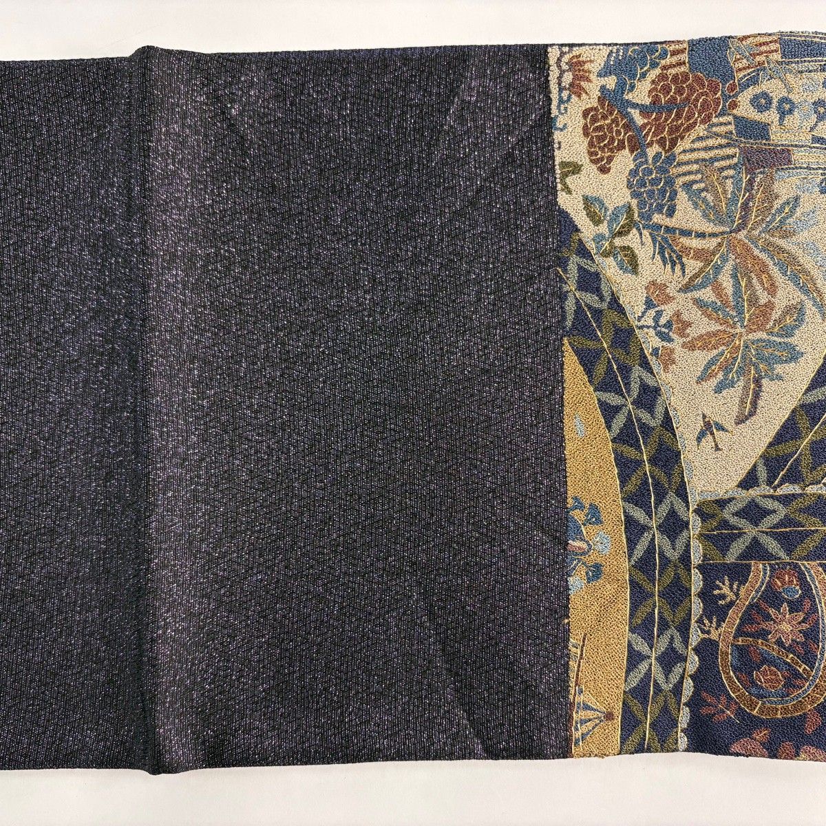 美品】 袋帯 逸品 船 魚 相良刺繍 金糸 濃紺 六通 正絹 【中古