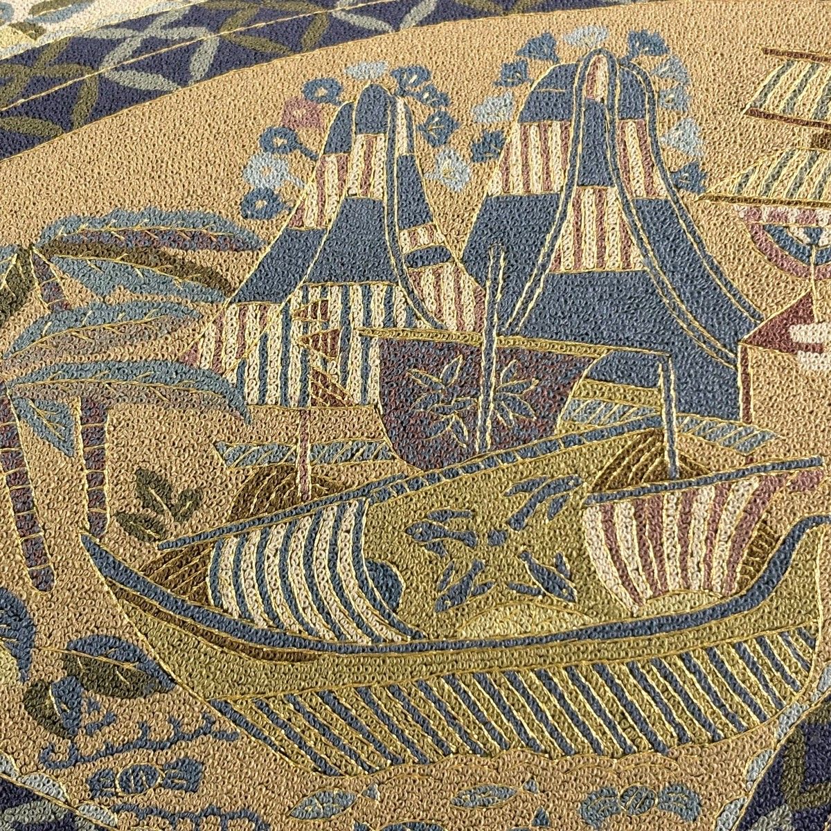 美品】 袋帯 逸品 船 魚 相良刺繍 金糸 濃紺 六通 正絹 【中古