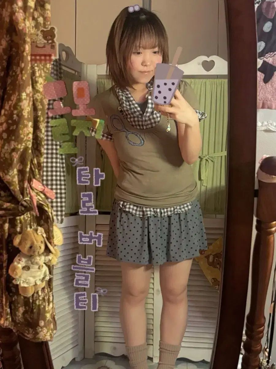 タロットバブルティー キッチュ 森ガール コーデセット Tシャツ + チェック柄ブラウス + ドット柄ワンピース