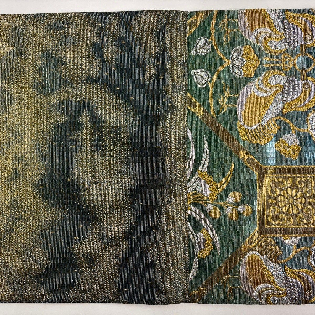 美品】 袋帯 逸品 佐波理 落款 佐波理綴 花鳥 蜀江文 箔 金糸 紫 六通 