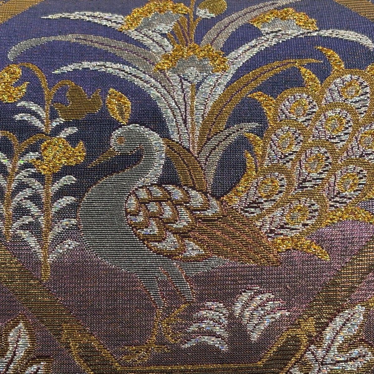 美品】 袋帯 逸品 佐波理 落款 佐波理綴 花鳥 蜀江文 箔 金糸 紫 六通