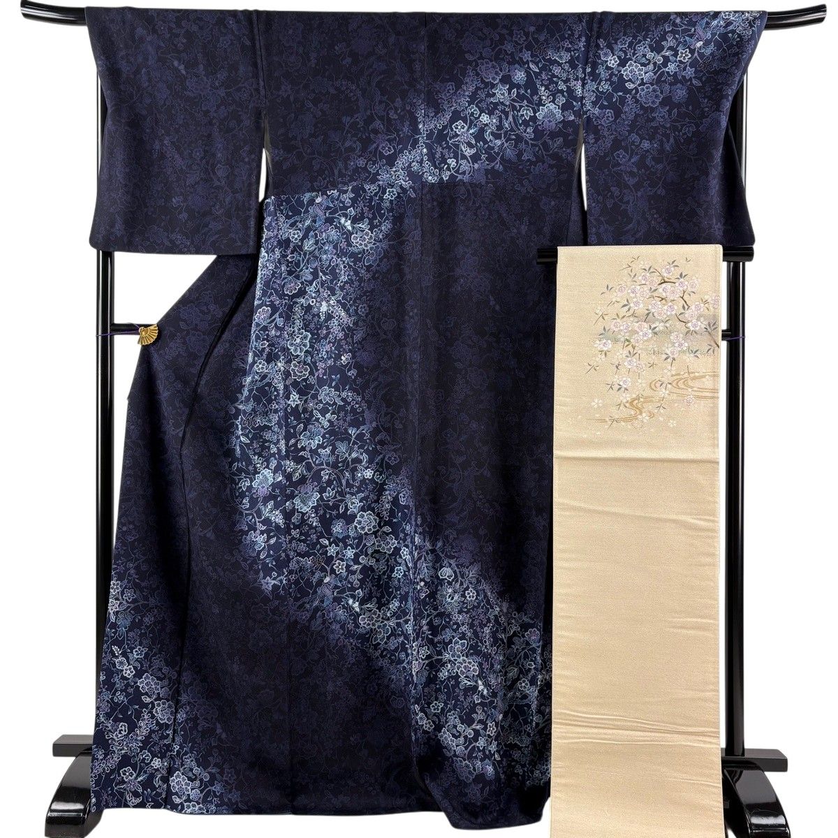 【美品】 訪問着 身丈171cm 裄丈70cm L 袷 やまと 袋帯セット 草花 鳥 ぼかし 濃紺 正絹 秀品 【中古】