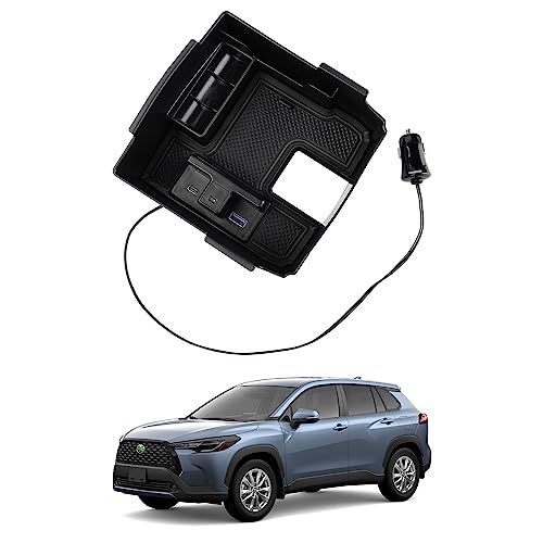 【LEDライト付き】Auto Spec トヨタ 新型 カローラクロス コンソールボックに適合 COROLLA CROSS 車内収納ボックス 2ポートUSB充電付き コンソールトレイ 小物入れ 車種専用 内装 パーツ ラバーマット付き 滑り止め カスタムパーツ★