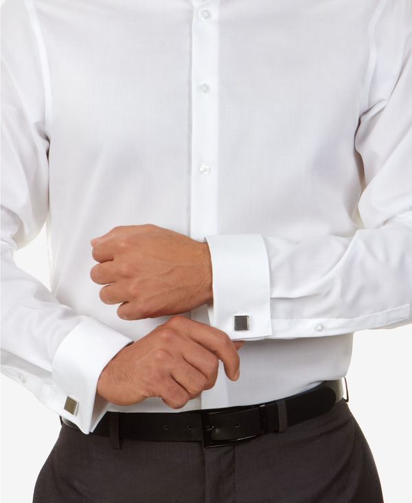 カルバンクライン メンズ トップス シャツ Calvin Klein Mens SlimFit NonIron Herringbone French Cuff Dress Shirt White ホワイト