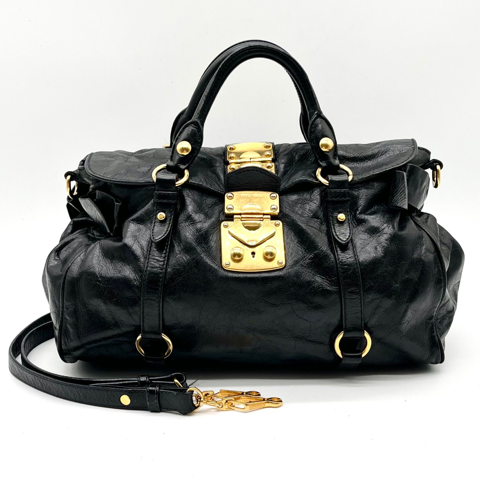 Auth Miu Miu Y2K Vitello Shine Side Ribbon 2Way Leather Shoulder Bag Handbag Black