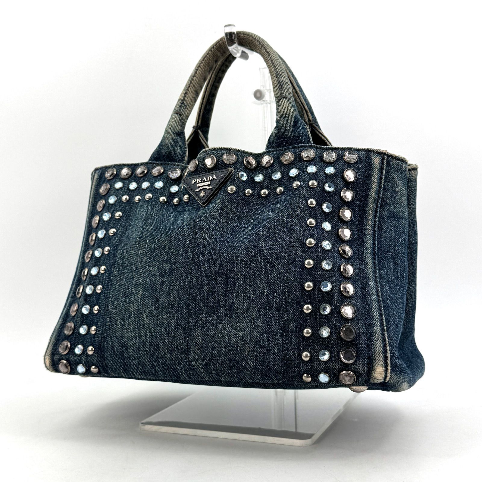 PRADA カナパ ビジュー トートバッグ デニム ブルー ラインストーン スタッズ