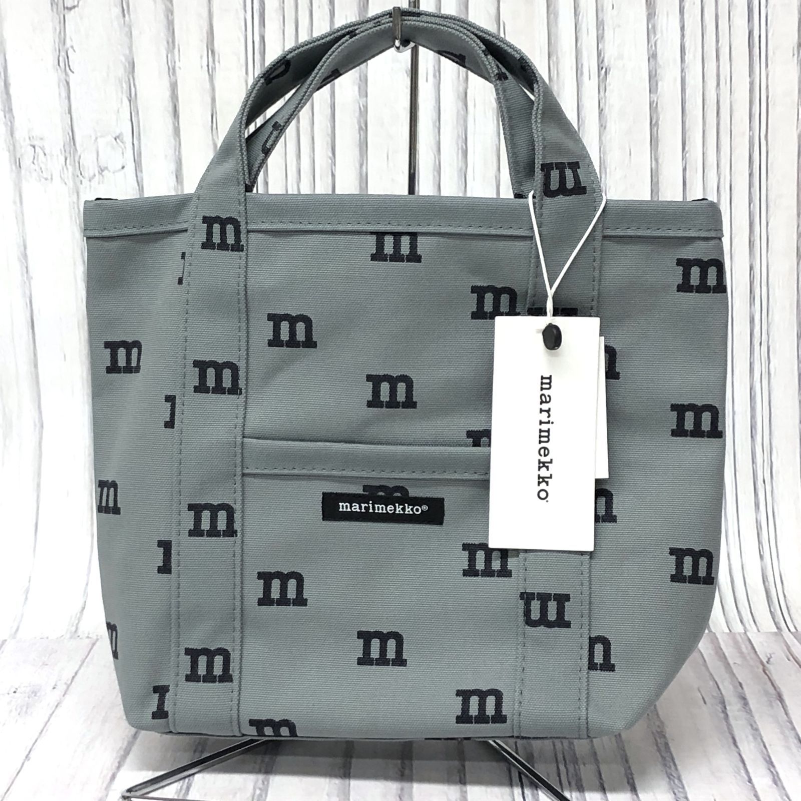 m001L X(80) 未使用 marimekko マリメッコ ロゴマニア トートバッグ グレー コットンキャンバス Mモノグラム MINI PERUSKASSI ミニペルスカッシ 限定