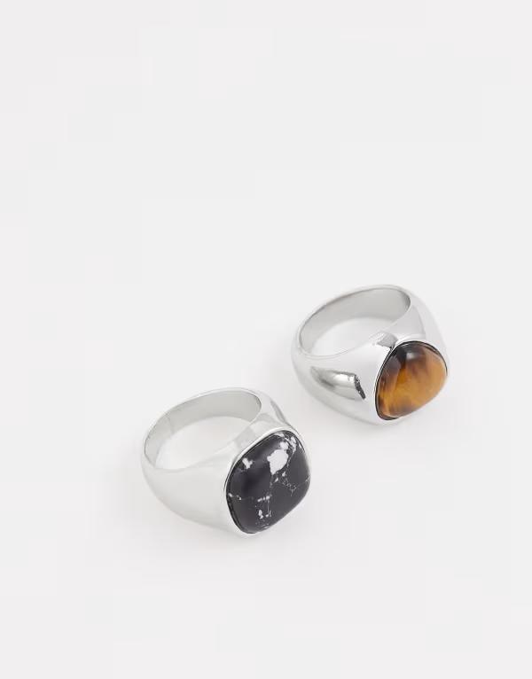 エイソス メンズ アクセサリー リング ASOS DESIGN 2 pack tigers eye and black stone signet rings tone SILVER シルバー