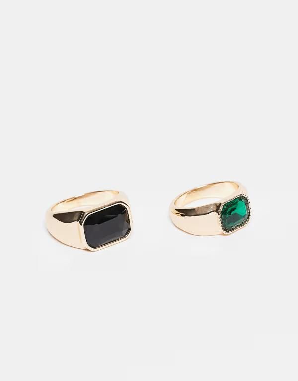 エイソス メンズ アクセサリー リング ASOS DESIGN 2 pack black and faux emerald signet rings tone GOLD ゴールド