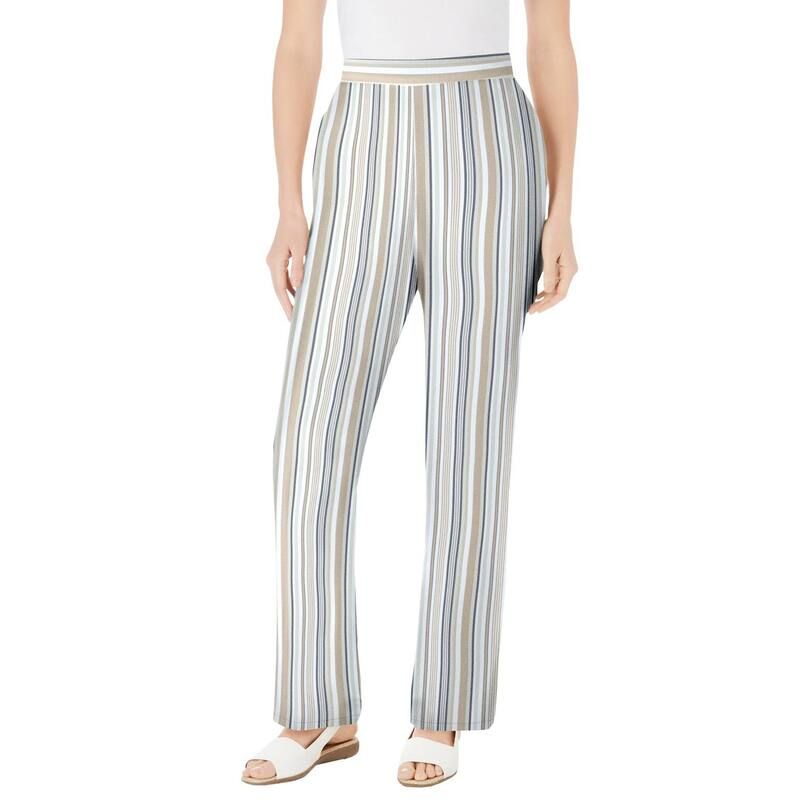 ウーマン ウィズイン レディース ボトムス カジュアルパンツ ストレート プラスサイズ リネン Woman Within Plusize Straight Leg Linen Pant Natural Khaki Stripe カーキ