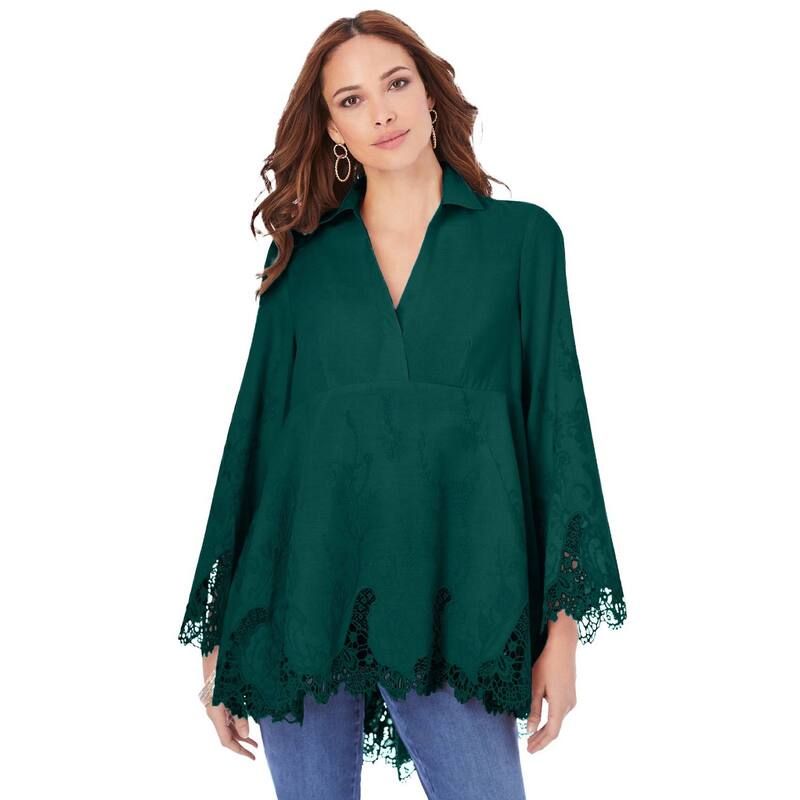 ロアマンズ レディース トップス Tシャツ プラスサイズ 刺繍 Roamans Womens Plusize Poplin Embroidered Swing Tunic Emerald Green グリーン