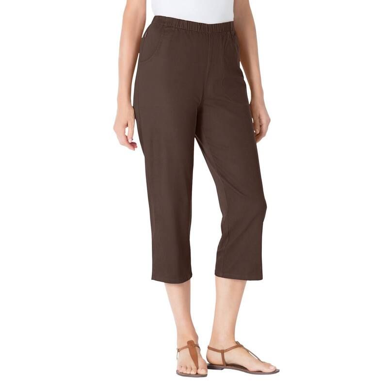 ウーマン ウィズイン レディース ボトムス カジュアルパンツ プラスサイズ プチ デニム キャップ ジーンズ Woman Within Plusize Petite Fineline Stretch Denim PullOn Capri Jeans Choco