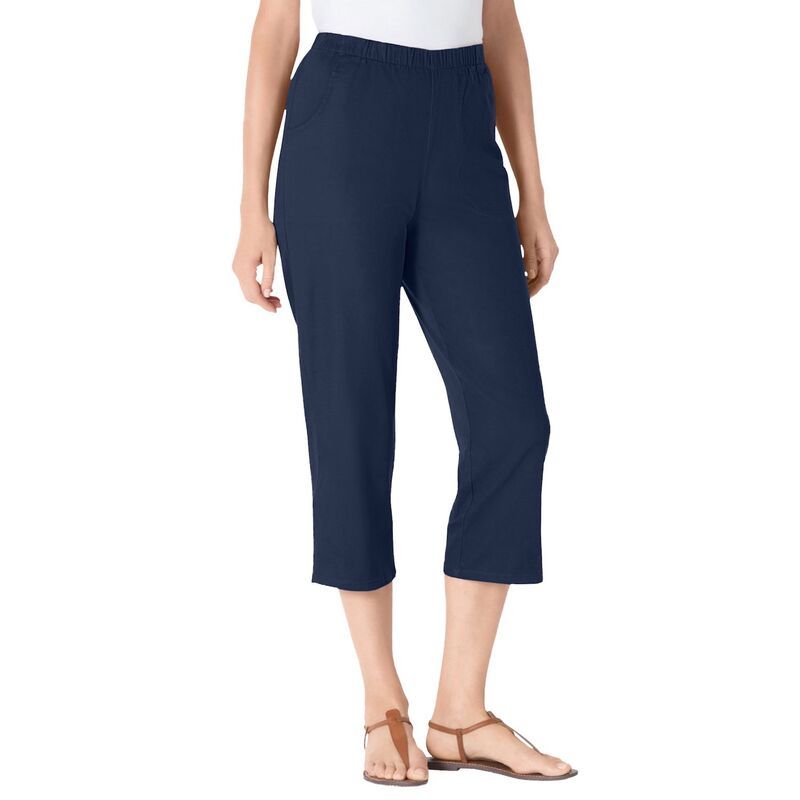 ウーマン ウィズイン レディース ボトムス カジュアルパンツ プラスサイズ プチ デニム キャップ ジーンズ Woman Within Plusize Petite Fineline Stretch Denim PullOn Capri Jeans Navy