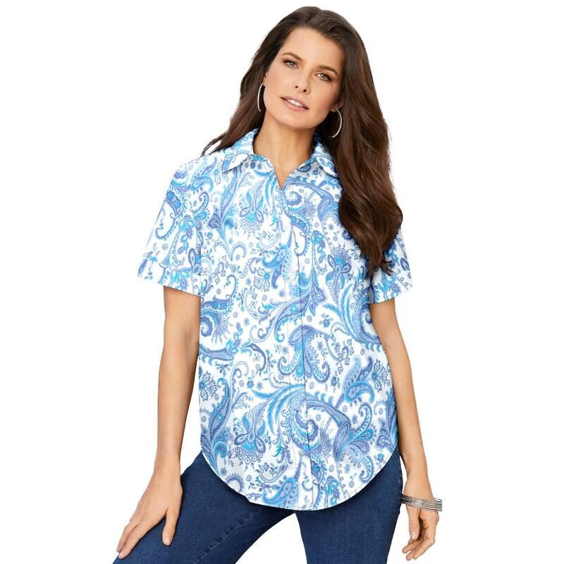 ロアマンズ レディース トップス シャツ プラスサイズ コットン Roamans Womens Plusize Kate Short Sleeveasy CottonBlend ButtonFront Shirt Blue Folklore Paisley ブ