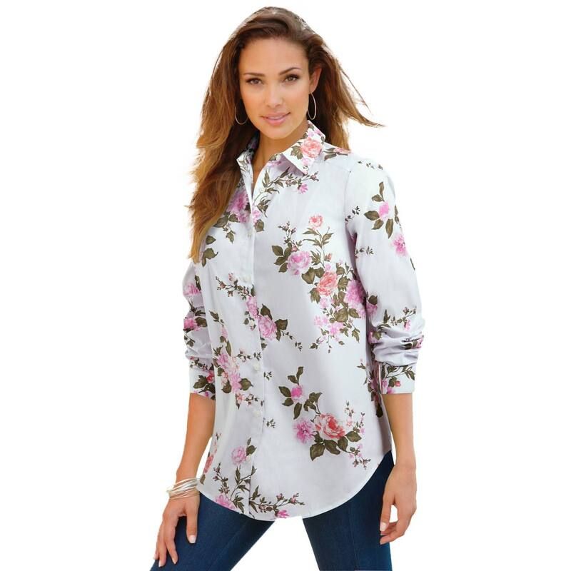 ロアマンズ レディース トップス シャツ プラスサイズ コットン Roamans Womens Plusize Kate Long Sleeveasy CottonBlend ButtonFront Shirt White Mixed Flowers ホワイト
