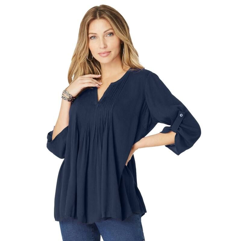 ロアマンズ レディース トップス シャツ プラスサイズ Roamans Womens Plusize Hand Crinkled Tara Shirt Navy ネイビー