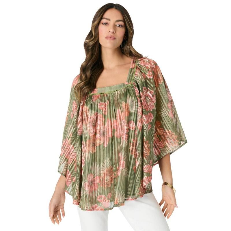 ロアマンズ レディース トップス シャツ プラスサイズ ブラウス Roamans Womens Plusize Square Neck Lurex Blouse Olive Safari Blooms オリーブ
