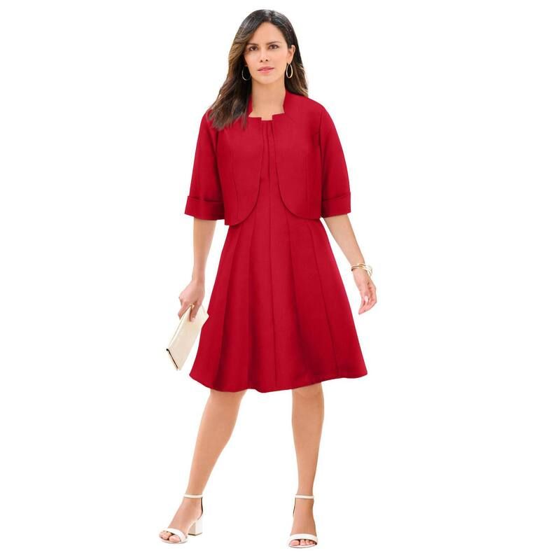 ロアマンズ レディース トップス ワンピース プラスサイズ ジャケット Roamans Womens Plusizelbow Sleeve FitAndFlare Dress With Bolero Jacket 2Piece Suit Classic Red