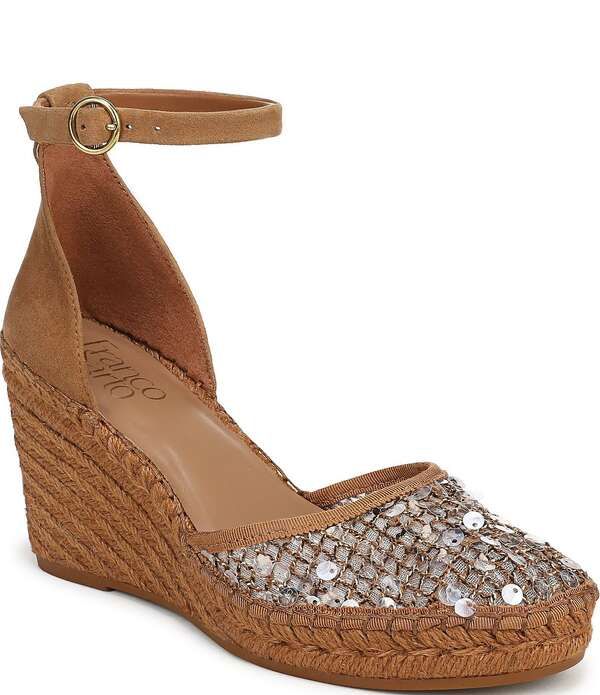 フランコサルト レディース シューズ スリッポン・ローファー サンダル スパンコール アンクル Franco Sarto Idalia Sequin Embellished Ankle Wrap Wedgespadrille Sandals Brown ブラウ