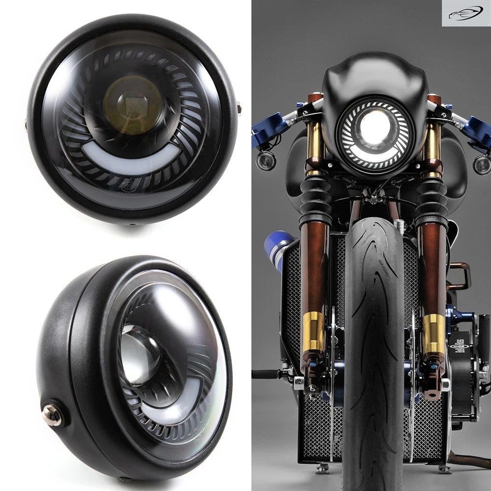 LEDモーターサイクルハイビームDRLヘッドランプレトロビンテージヘッドライトハーレーカフェレーサーチョッパークルーザー