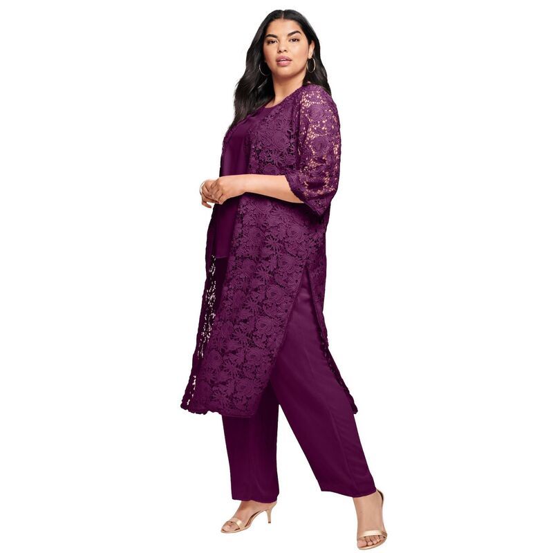 ロアマンズ レディース トップス ワンピース プラスサイズ レース Roamans Womens Plusize 3Piece Allover Lace Duster Pant Set Formal Wear Dark Berry