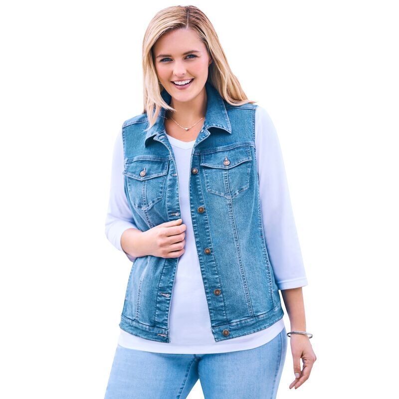 ウーマン ウィズイン レディース アウター ジャケット・ブルゾン プラスサイズ ベスト デニム Woman Within Plusize Stretch Denim Vest Light Stonewash デニム