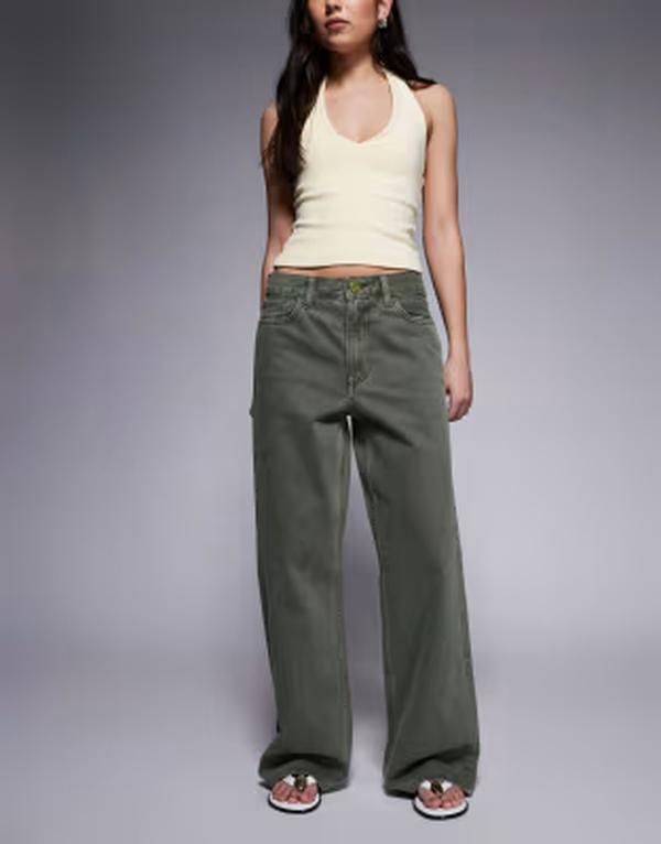 リバーアイランド レディース ボトムス デニムパンツ ストレート ジーンズ River Island relaxed straight leg jeans Khaki カーキ