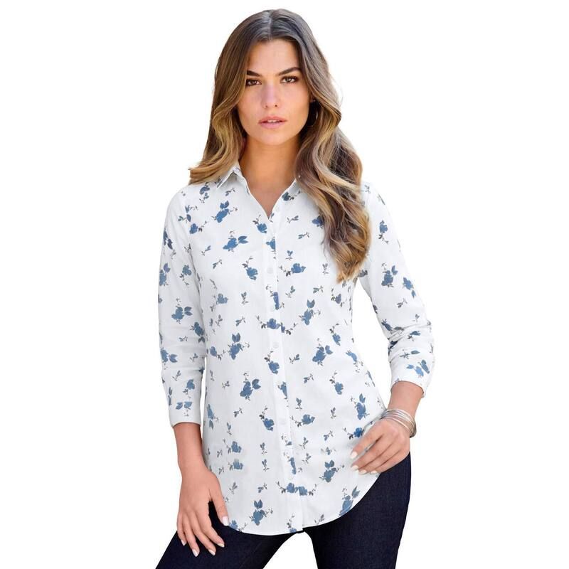 ロアマンズ レディース トップス シャツ プラスサイズ コットン Roamans Womens Plusize Kate Long Sleeveasy CottonBlend ButtonFront Shirt White Pretty Floral ホワイト