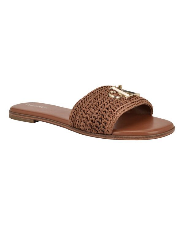 カルバンクライン レディース シューズ スリッポン・ローファー サンダル ロゴ Calvin Klein Womens Kamine Woven Logo Flat SlipOn Sandals Dark Natural Woven