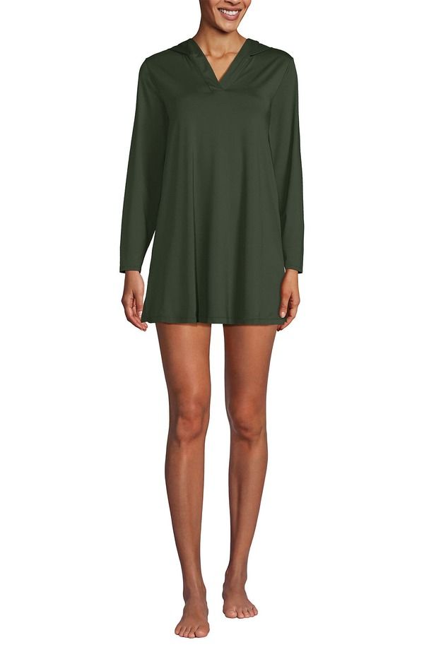 ランズエンド レディース トップス ワンピース コットン ジャージー Lands End Cotton Jersey Long Sleeve Hooded Swim Coverup Dress Rich Olive Green グリーン