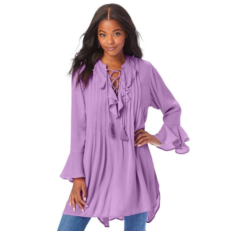 ロアマンズ レディース トップス Tシャツ プラスサイズ フリル Roamans Womens Plusize Hand Crinkled Ruffle Pintuck Tunic Violet バイオレット
