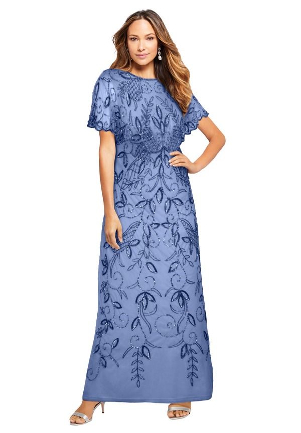 ロアマンズ レディース トップス ワンピース プラスサイズ キャップ ケープ マキシ Roamans Plusize Beaded Capelet Maxi Gown Glam Evening Dress Plum Blue ブルー