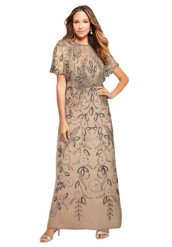 ロアマンズ レディース トップス ワンピース プラスサイズ キャップ ケープ マキシ Roamans Plusize Beaded Capelet Maxi Gown Glam Evening Dressparkling Champagne シャンパン