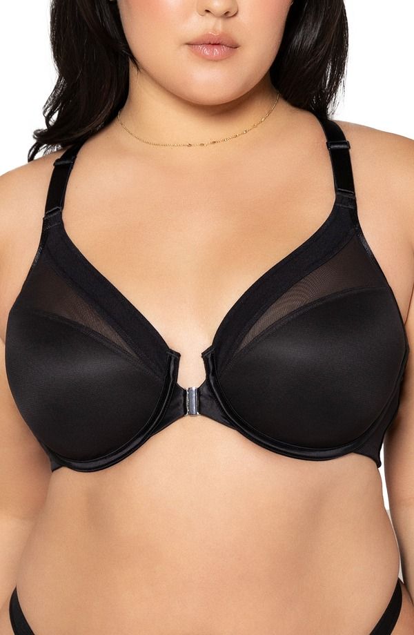 カービークチュール レディース トップス Tシャツ メッシュ シアー Curvy Couture Sheer Mesh Front Clasp TShirt Underwire Bra Black Hue ブラック