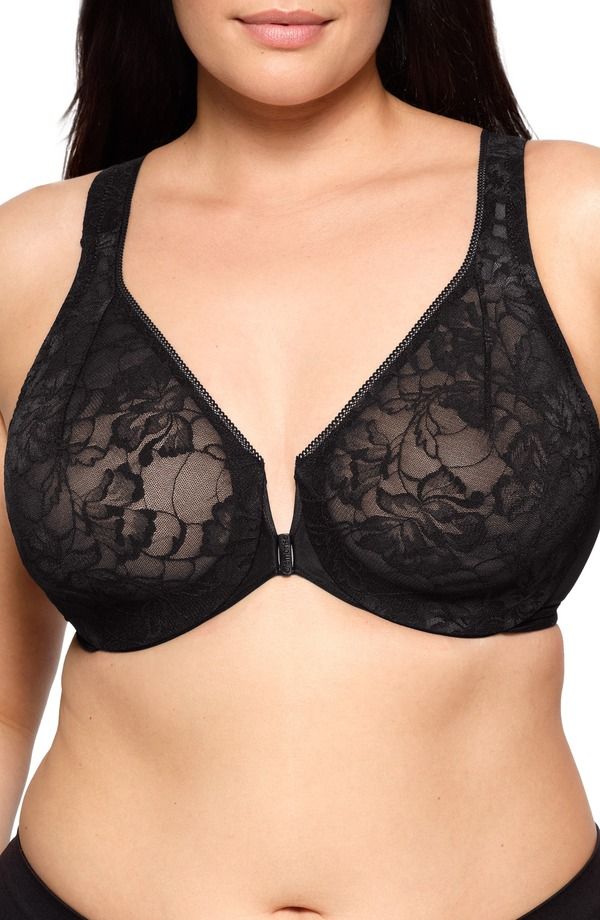 グラマライズ レディース アンダーウェア ブラジャー Glamorise WonderWire Front Close Lacy TBack Underwire Bra Solid Black ブラック