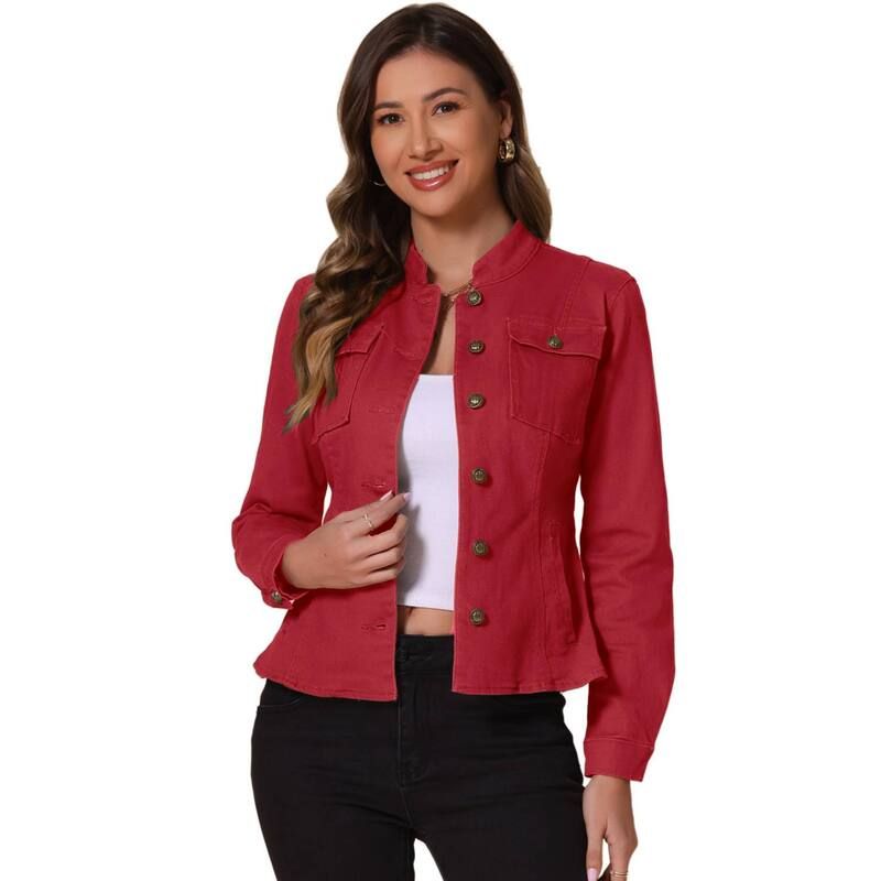 アレグラ ケー レディース アウター ジャケット・ブルゾン デニム ALLEGRA K Casual Denim Jacket for Womens Classic Stand Collar Long Sleeve Jean Jackets Red レッド