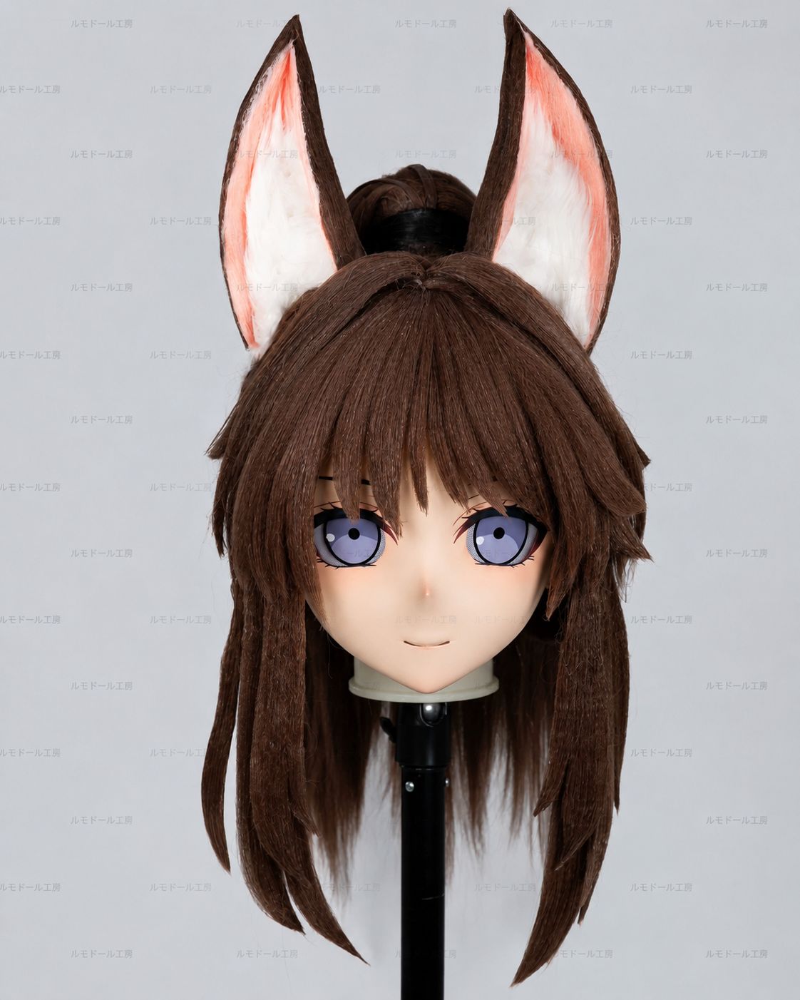 kigurumi 全頭マスク ケモ耳 ブラウン髪 ブルーアイ ドール顔 ウィッグ付き
