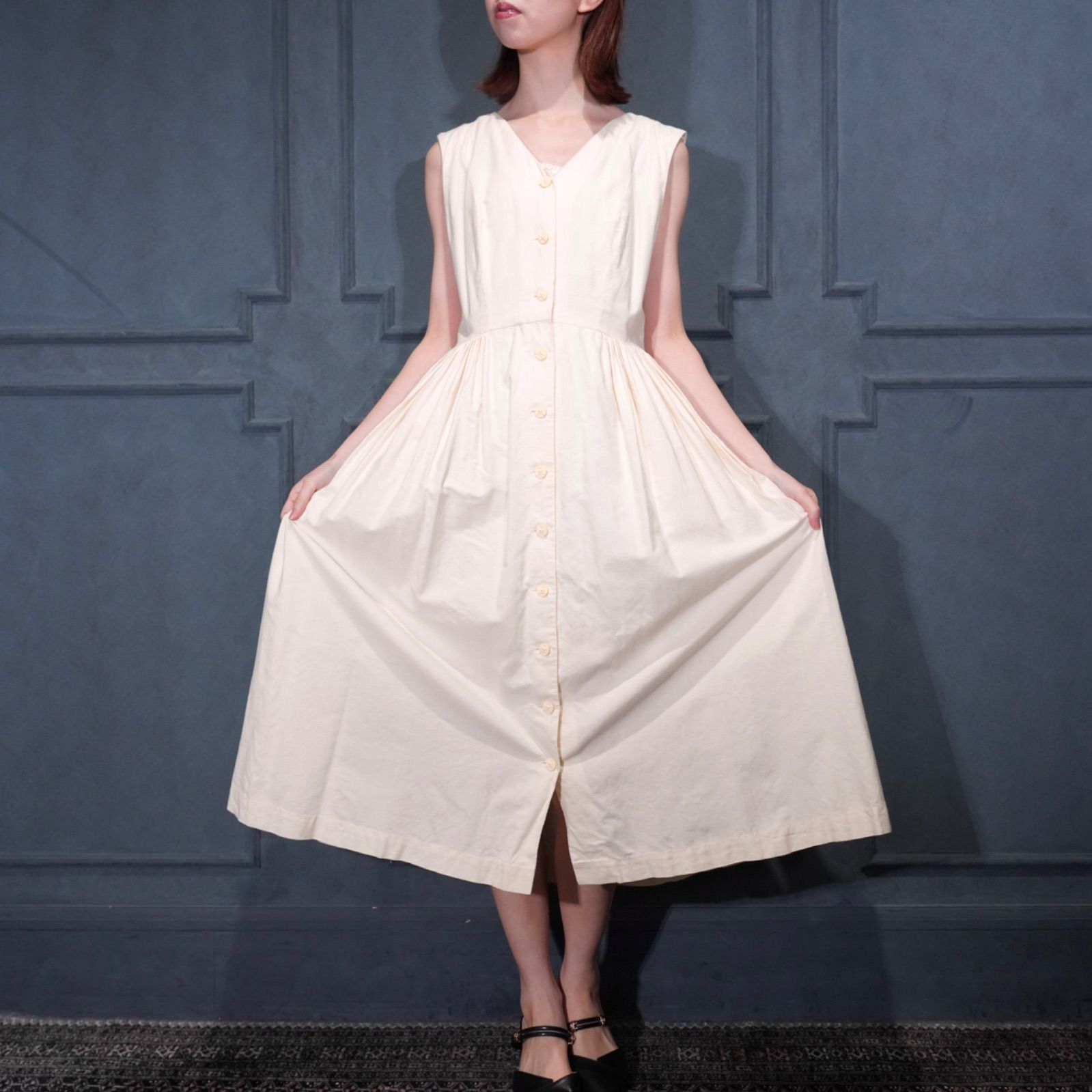 60's USA VINTAGE NO SLEEVE COTTON HAND MADE ONE PIECE/60年代アメリカ古着ノースリーブコットンハンドメイドワンピース