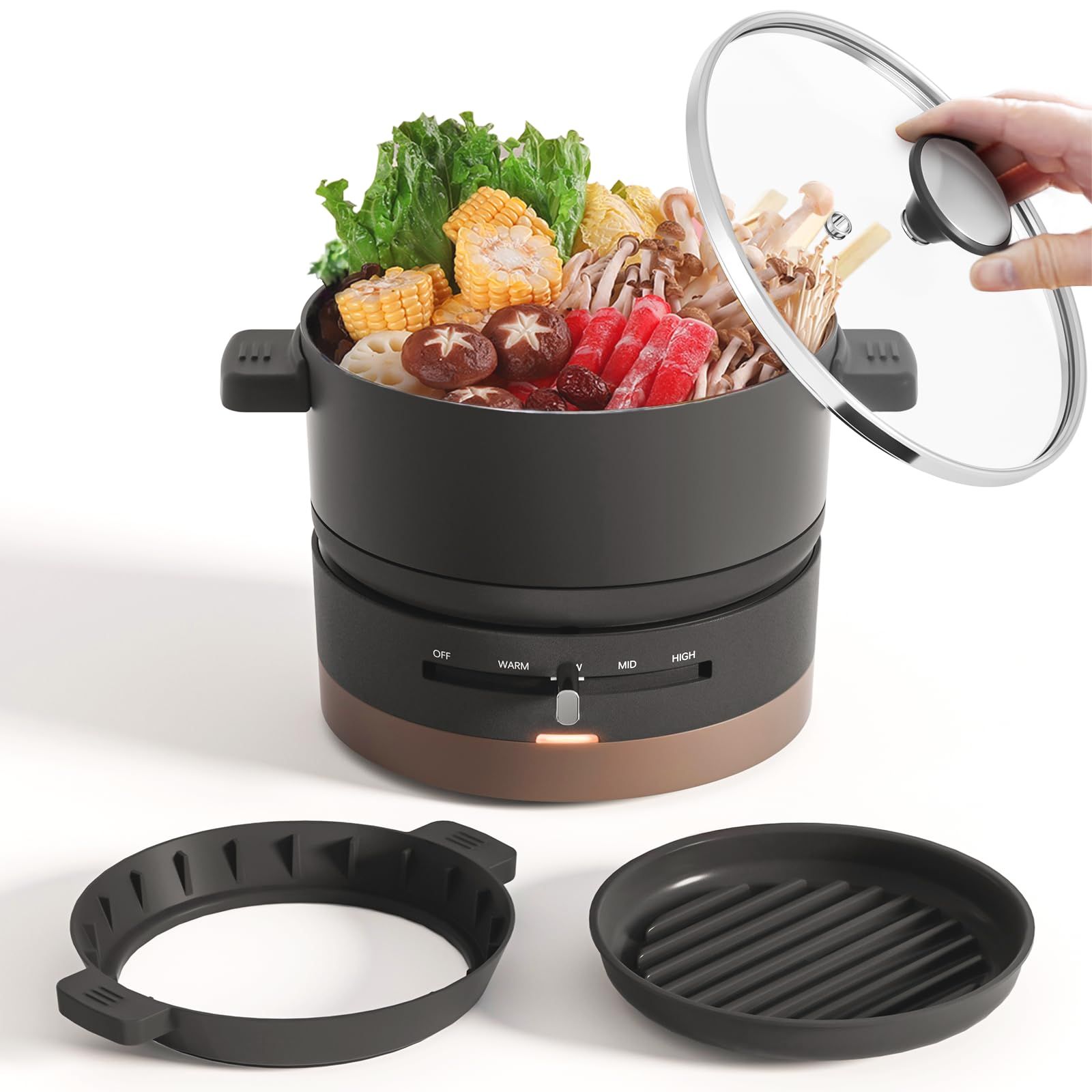 【1台多役】 電気鍋 ホットプレート 一人用 グリル鍋 1L 600W 煮る/焼く/炒める/温める 一人鍋 4段階温度調節 ラーメン 鍋 着脱式 丸洗い可 ガラス蓋付き クッキングケトル 小型 卓上 車中泊 父の日 クリスマス プレゼント ブラック★