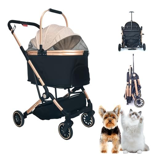 ペットカート分離型 軽量 猫 犬用 バギー いぬ用 4輪 前輪360°回転 後輪ブレーキ付き 人気 犬用ベビーカー 外出便利 組み立て簡単 折りたたみ式 耐荷重20Kg 多頭の小型犬&猫 中型犬一匹用 カップホルダー付き (カーキ)mt 4e3425de